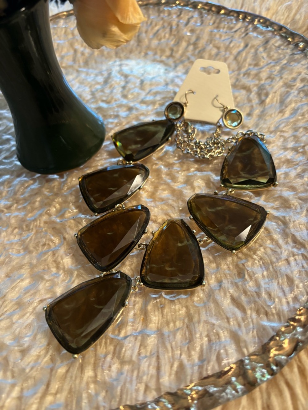 🤎 Smoky Lucite Statement Necklace Set + Earrings NWOT Oversized Acrylic Bold